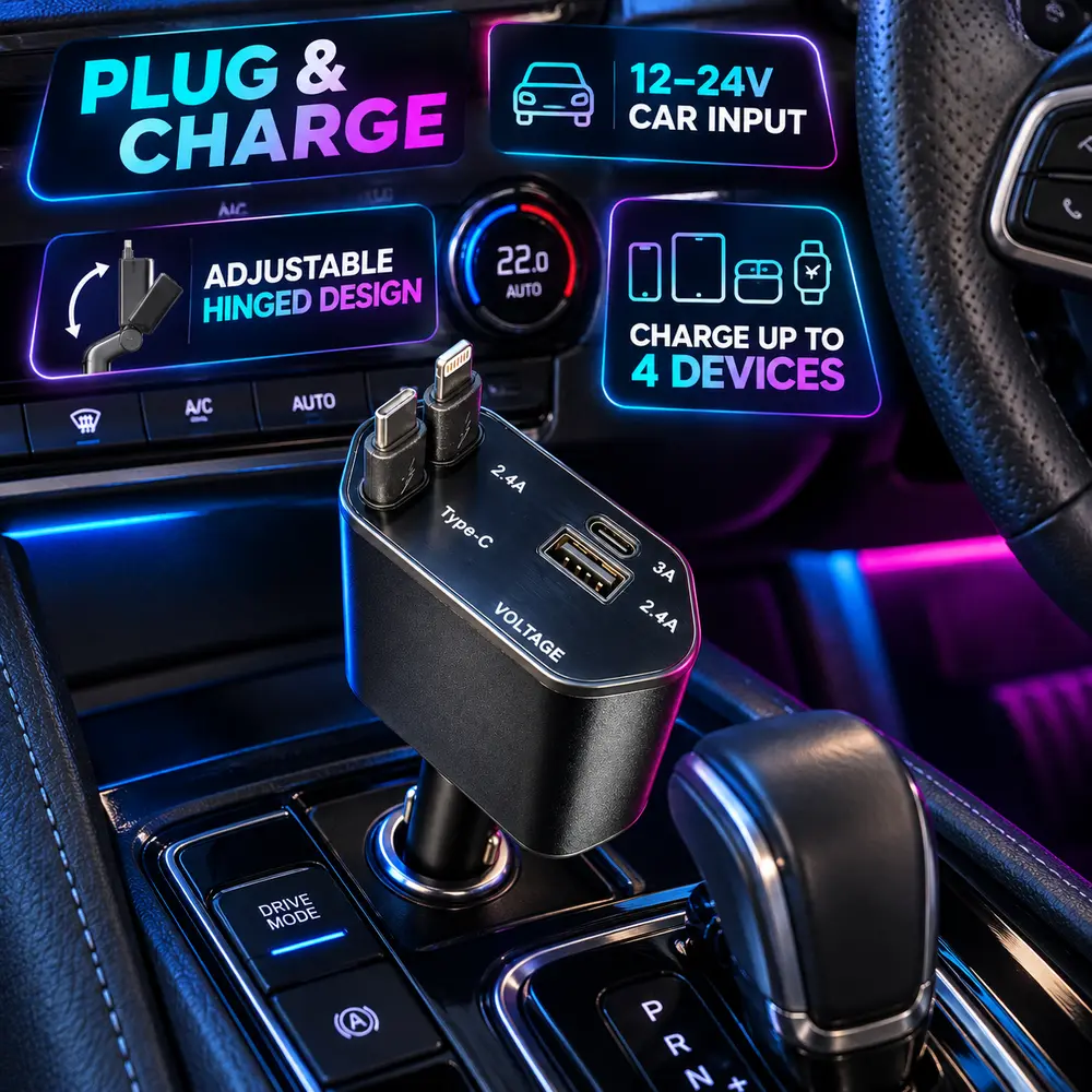 120W retractable car charger installed in a car