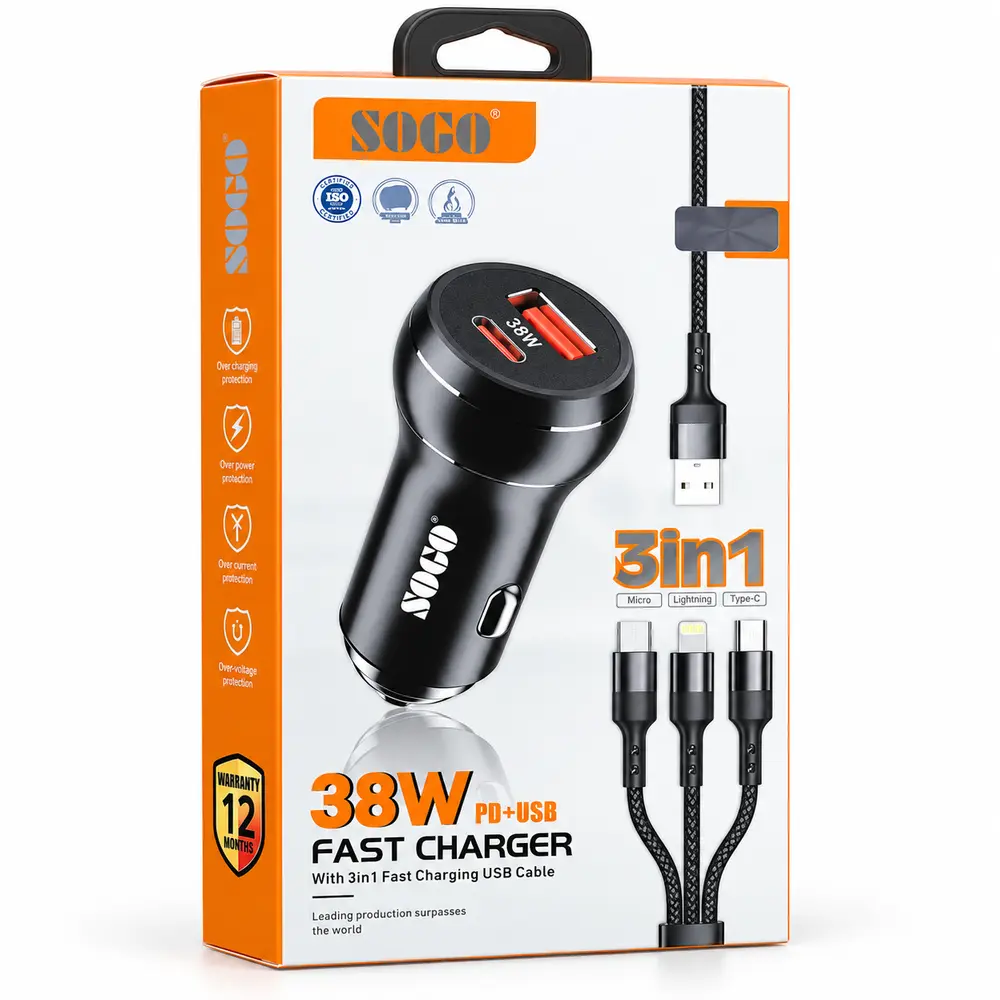SOGO 38W PD + USB Fast Car Charger with 3-in-1 Cable