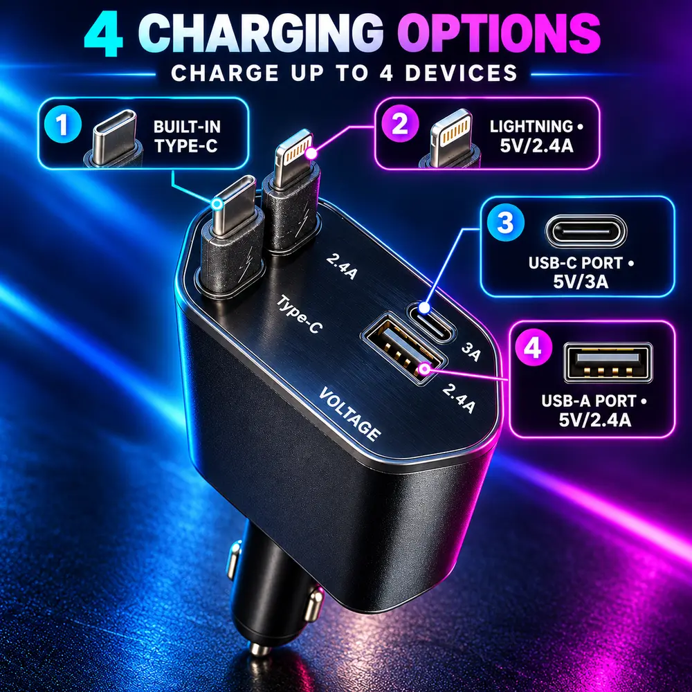 120W 4-in-1 Retractable Car Charger
