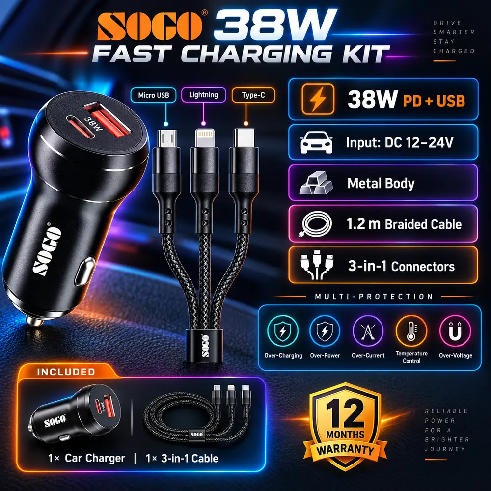 SOGO 38W PD + USB Fast Car Charger with 3-in-1 Cable