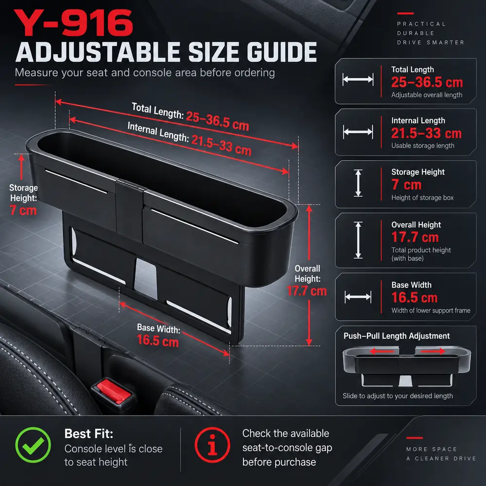Y-916 Adjustable Car Seat Gap Organizer Size Guide
