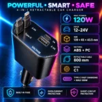 120W retractable car charger specifications and safety features