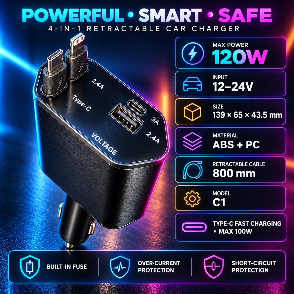120W retractable car charger specifications and safety features