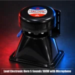 Loud electronic horn specification display showing 100W power rating and 8 ohm impedance