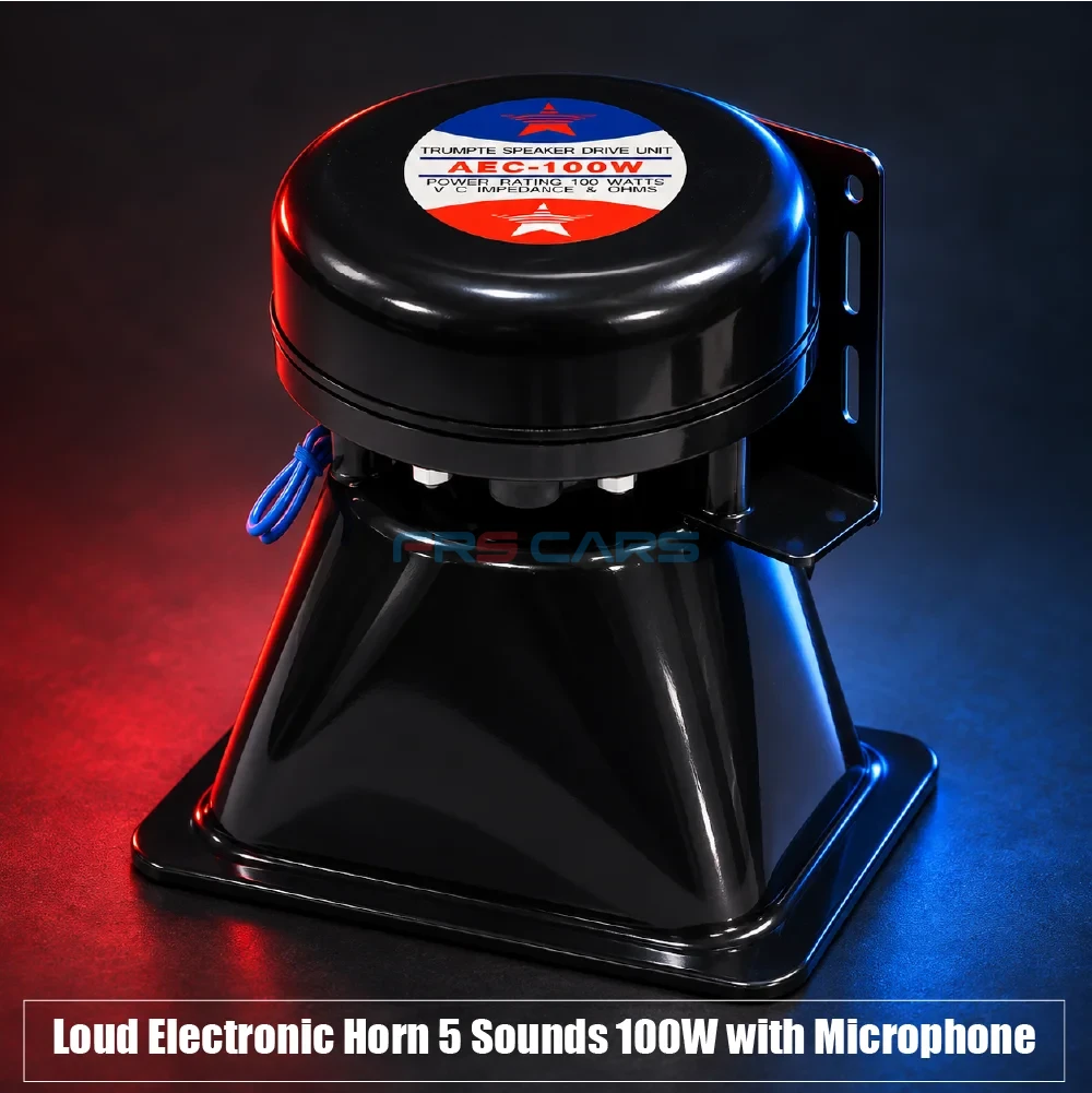 Loud electronic horn specification display showing 100W power rating and 8 ohm impedance