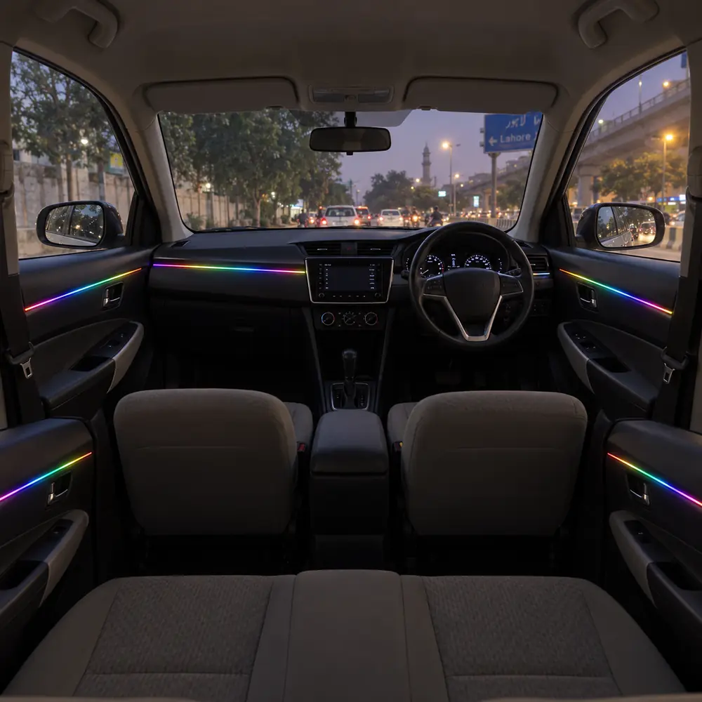 SOGO ambient lighting installed on four doors and dashboard of a car