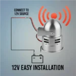 DL324 motor siren usage guide showing 12V wiring connection and mounting bracket