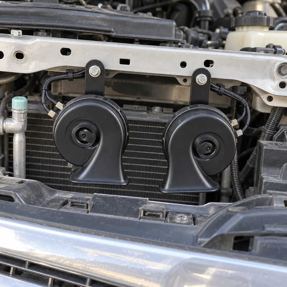 KingHorn dual car horns installed behind vehicle grille