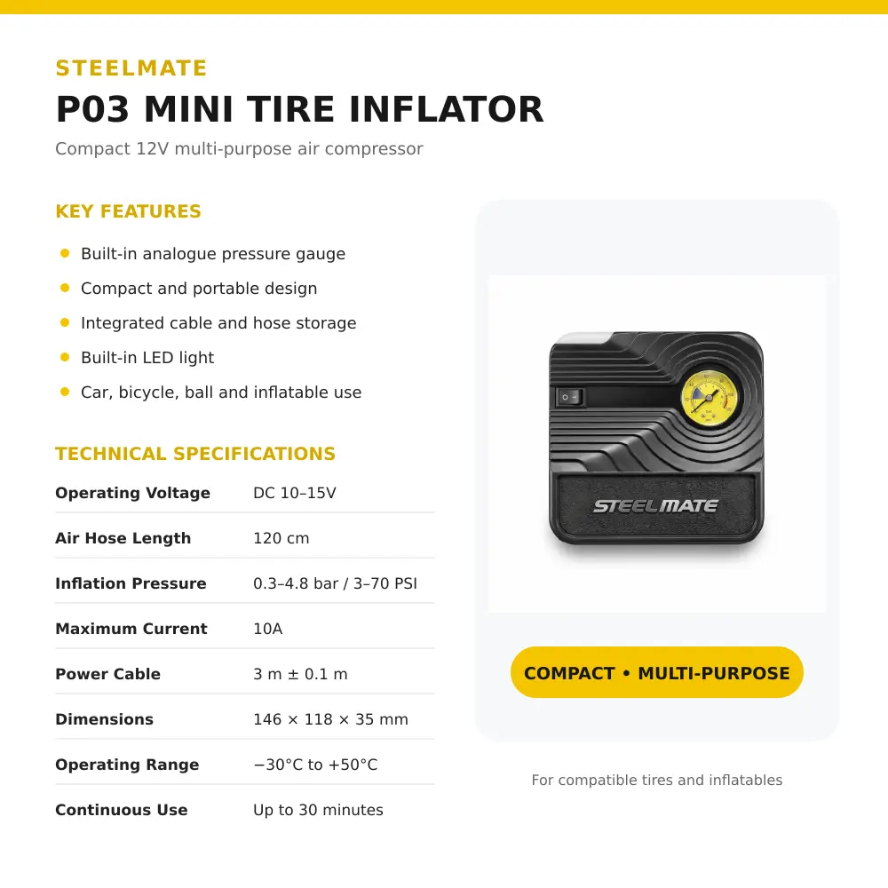 Steelmate P03 mini tire inflator specifications and features