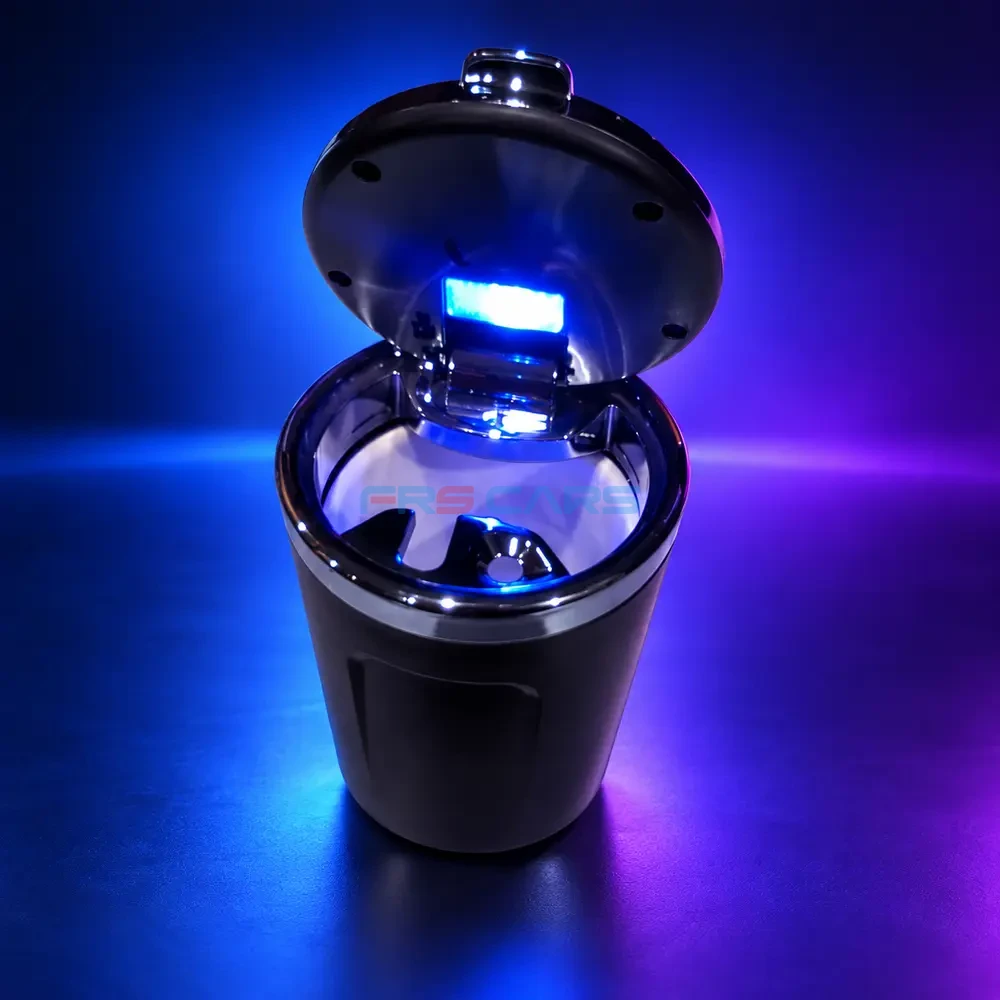 Vehicle ashtray with open lid and blue LED light