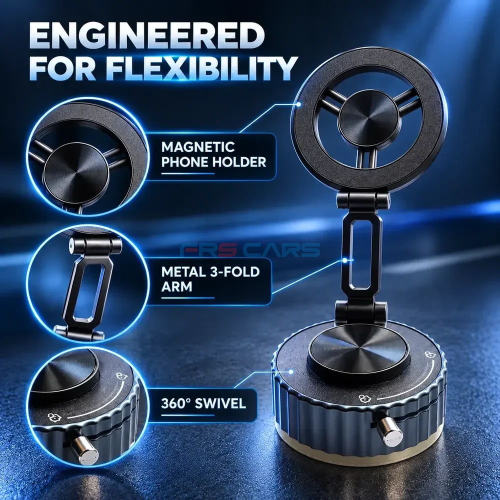 Vacuum suction magnetic bracket with magnetic phone holder, metal 3-fold arm and 360 degree swivel