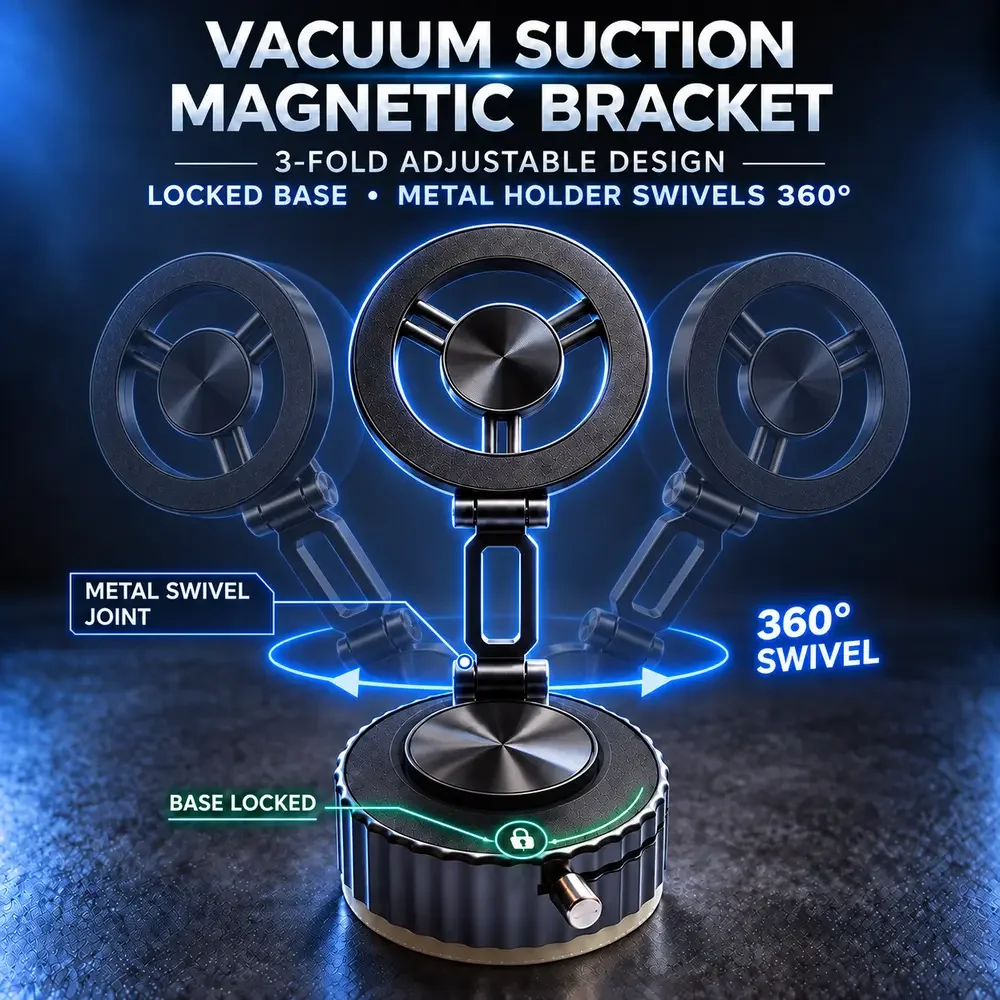 Vacuum suction magnetic bracket showing locked base and 360 degree metal holder swivel