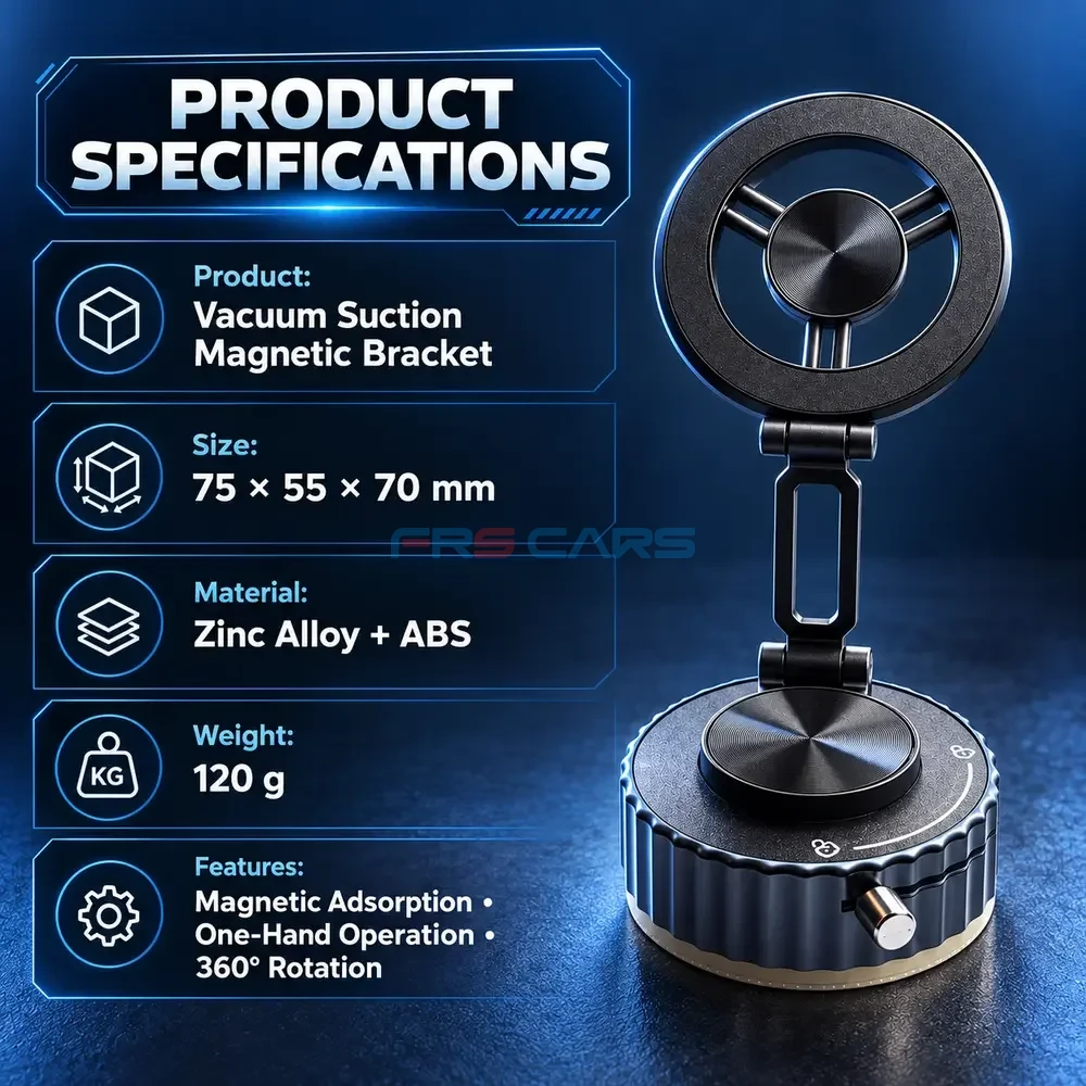 Vacuum suction magnetic bracket specifications showing 75 by 55 by 70 millimetres, zinc alloy and ABS, and 120 gram weight