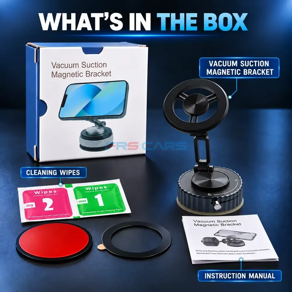 Vacuum suction magnetic bracket box with bracket, cleaning wipes, magnetic ring and instruction manual